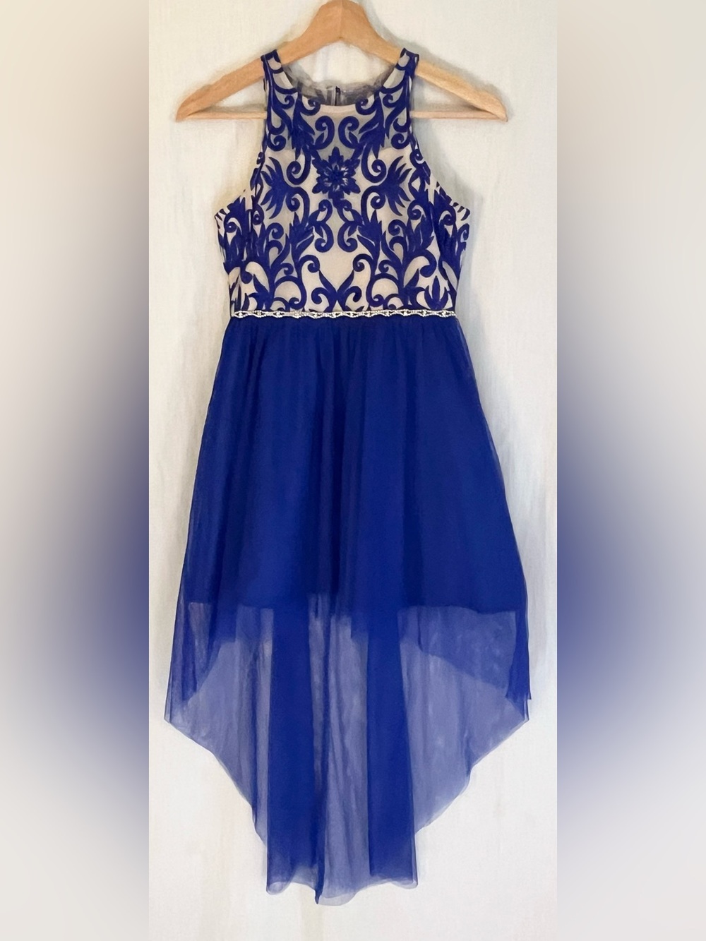 Rare Editions Royal Blue & White Embroidered High-Low Dress